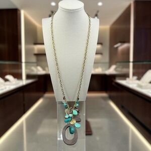 C1946 Turquoise Beaded Pendant Necklace Bronze Tone Wood Boho Statement 30"